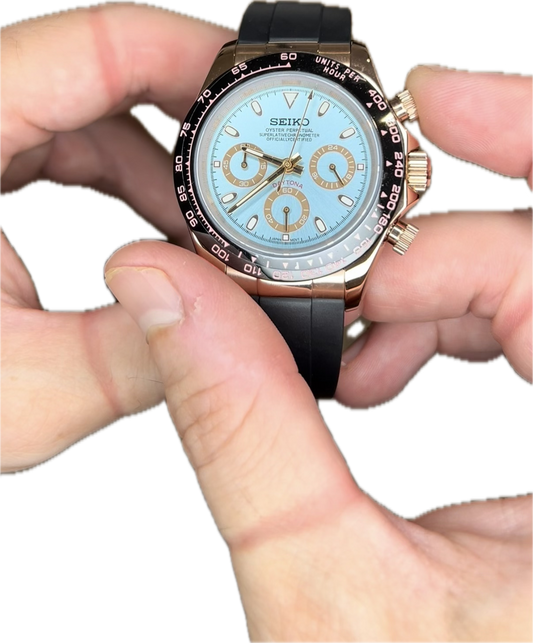 Reloj Cronógrafo VK63 Azul Tiffany/Oro Rosa – Estilo Racing Elegante