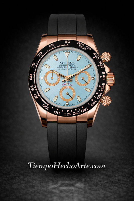 Reloj Cronógrafo VK63 Azul Tiffany/Oro Rosa – Estilo Racing Elegante