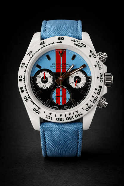 Reloj Cronógrafo VK63 Blanco/Azul – Estilo Racing Deportivo