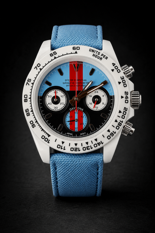 Reloj Cronógrafo VK63 Blanco/Azul – Estilo Racing Deportivo
