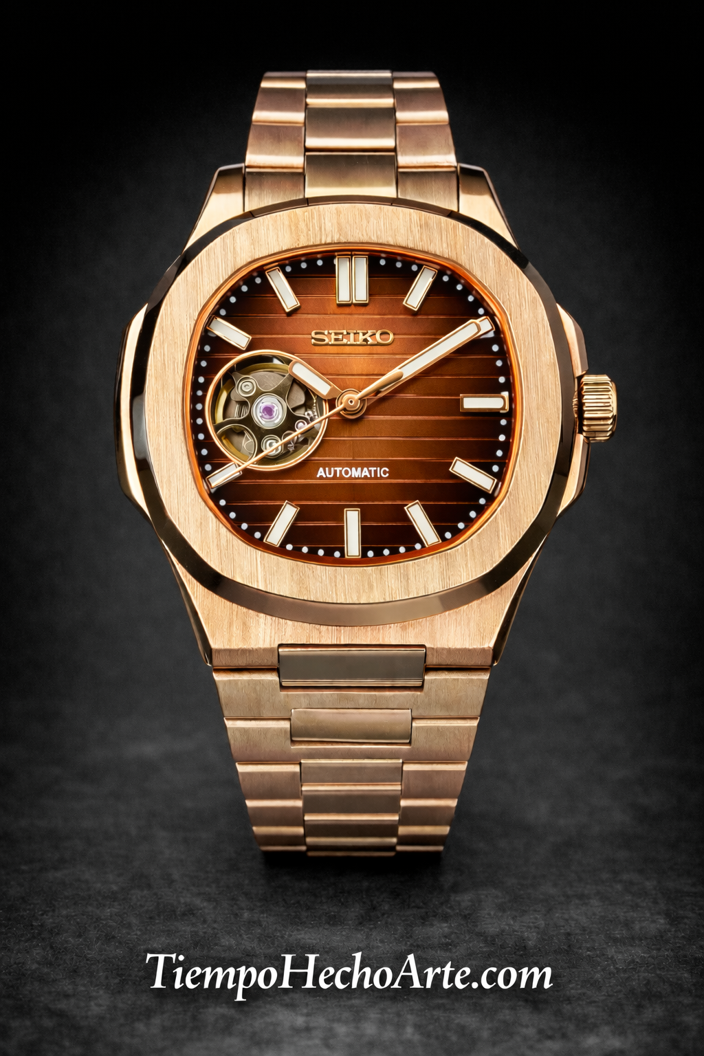 Reloj Automático Chocolate/Oro Rosa Open Heart – Diseño Deportivo con Brazalete Integrado