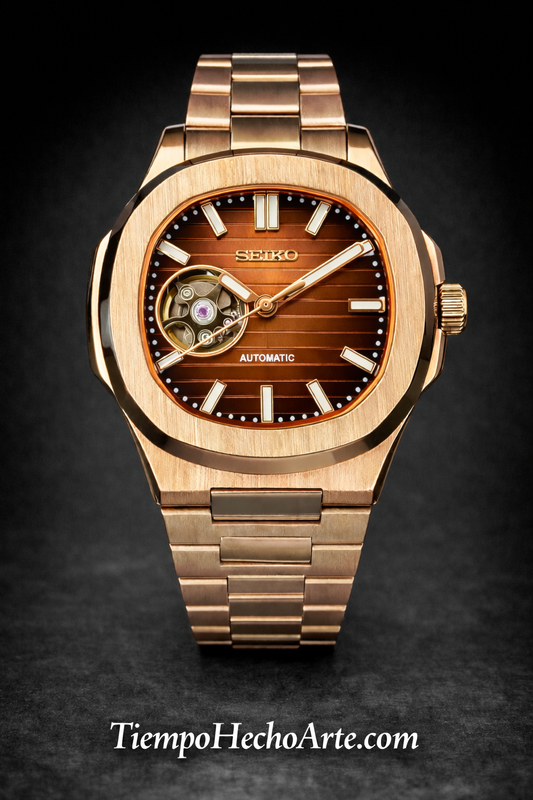 Reloj Automático Chocolate/Oro Rosa Open Heart – Diseño Deportivo con Brazalete Integrado