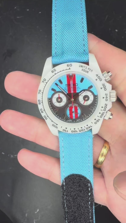 Reloj Cronógrafo VK63 Blanco/Azul – Estilo Racing Deportivo